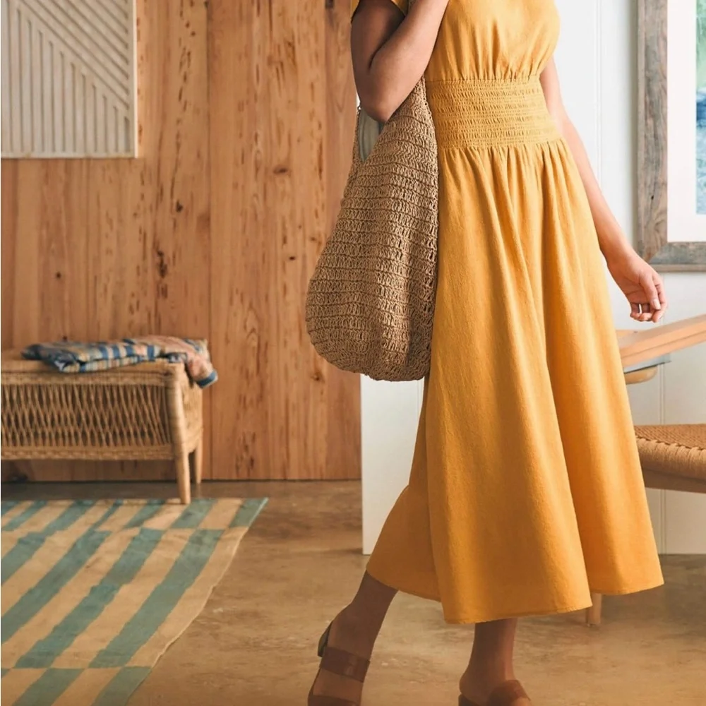 Faherty Coast to Coast Midi Dress Smocked Waist Cotton Honey Mustard Size M NWT - Picture 2 of 14